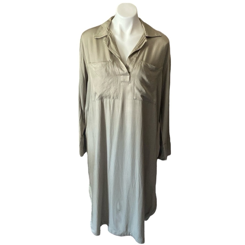 H&M Beige Satin Long Sleeve Midi Dress Size M V-Neck California Size Medium